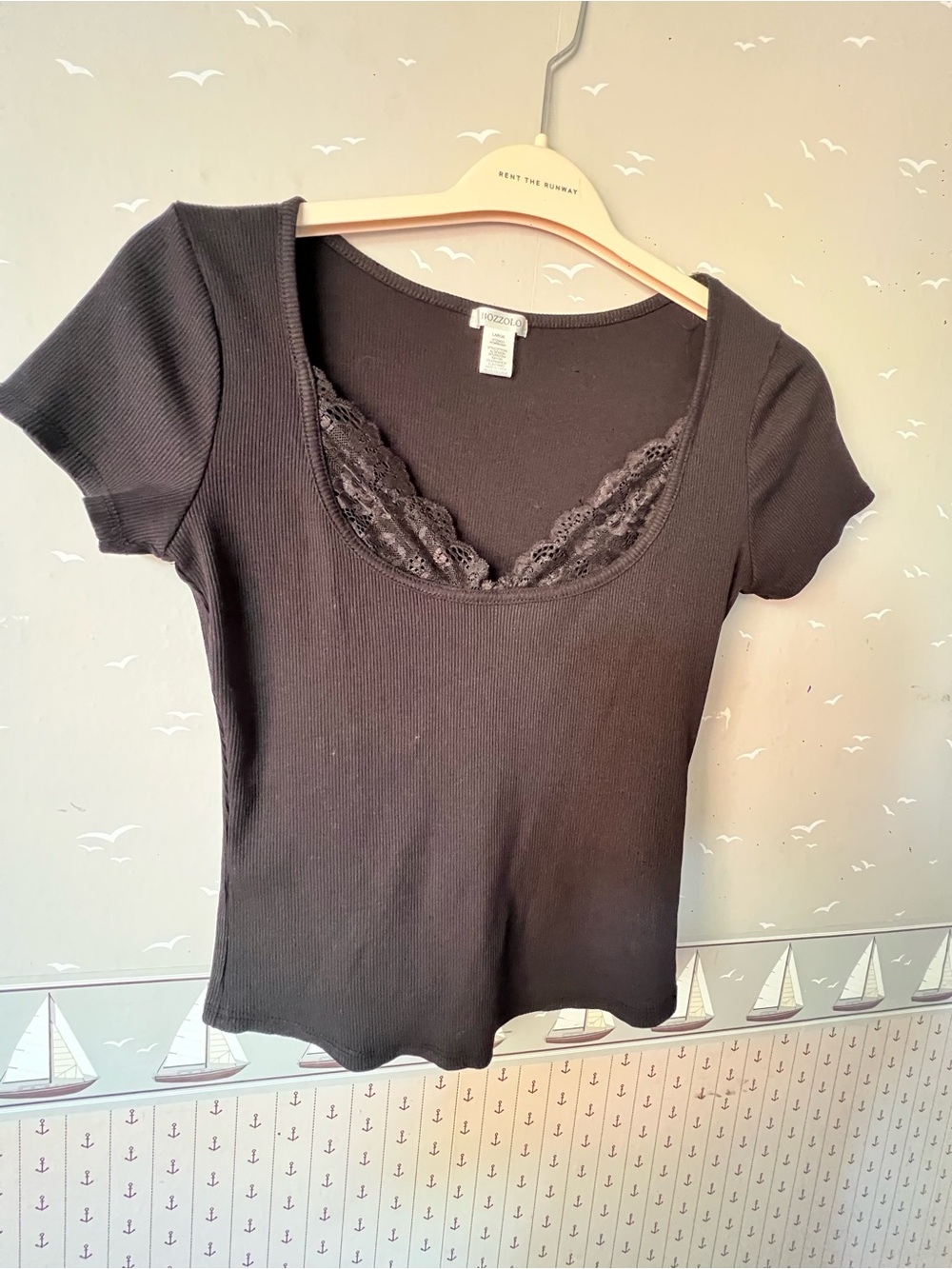 Black Lace-Trim Short Sleeve Women’s Top